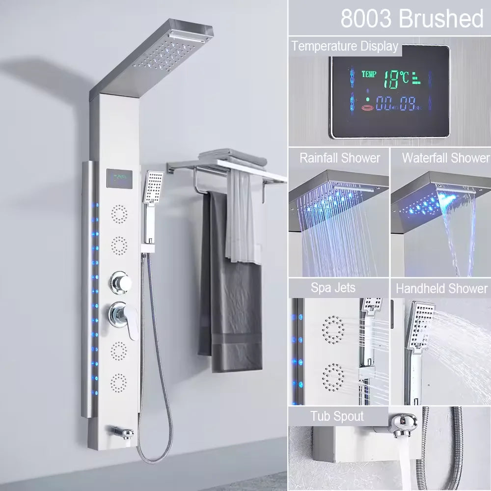 Led Shower Panel Waterfall Rain Temperature Digital Display