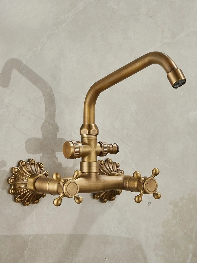 Brass Antique Wall Mounted Washbasin Faucets Double Handle