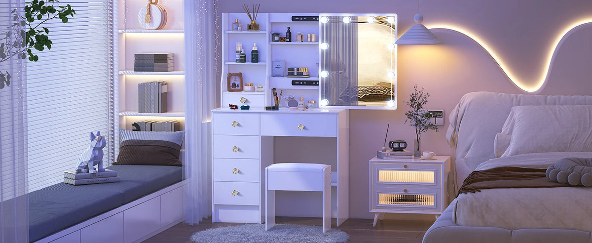 Teousev White Led Makeup Vanity Sliding Mirror 3-Color