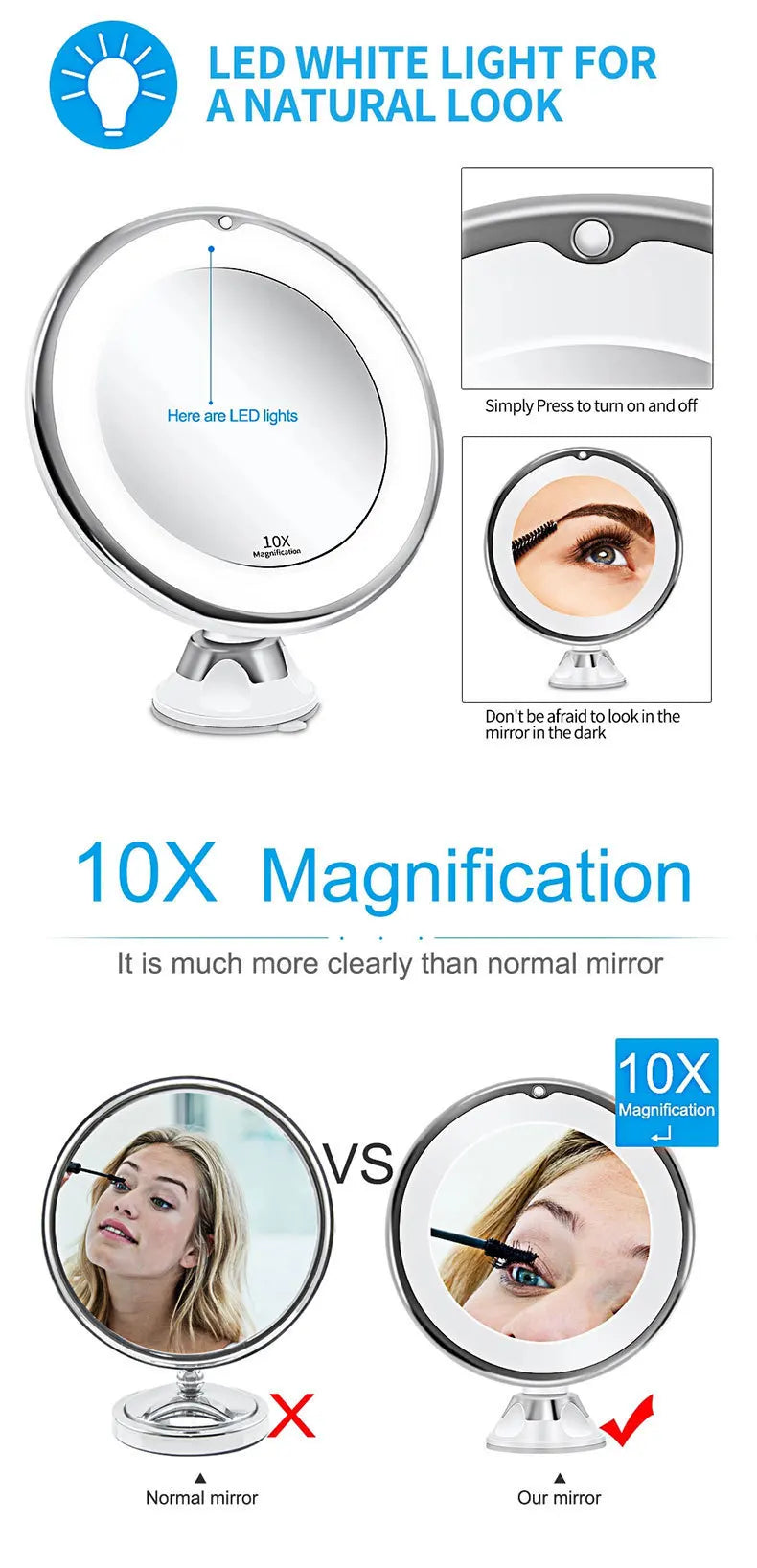 10x Magnifying Led Vanity Mirror Touch Screen Sucker
