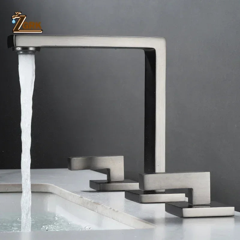 Brushed Gold Basin Faucet Solid Brass Three Hole