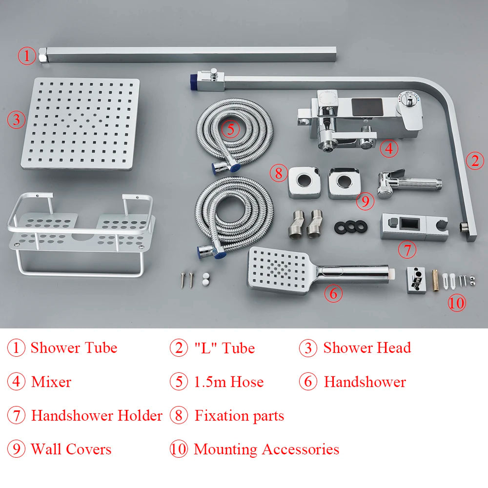 Bath Thermostatic Digital Display Shower Faucet Rain Shower