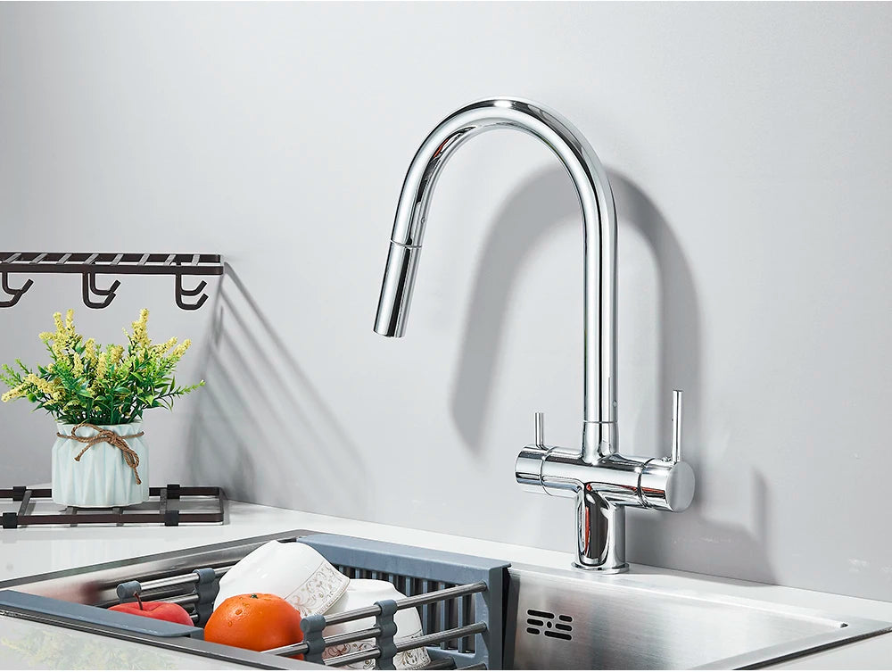 Brushed Gold Water Filter Faucet Dual Spout Pure