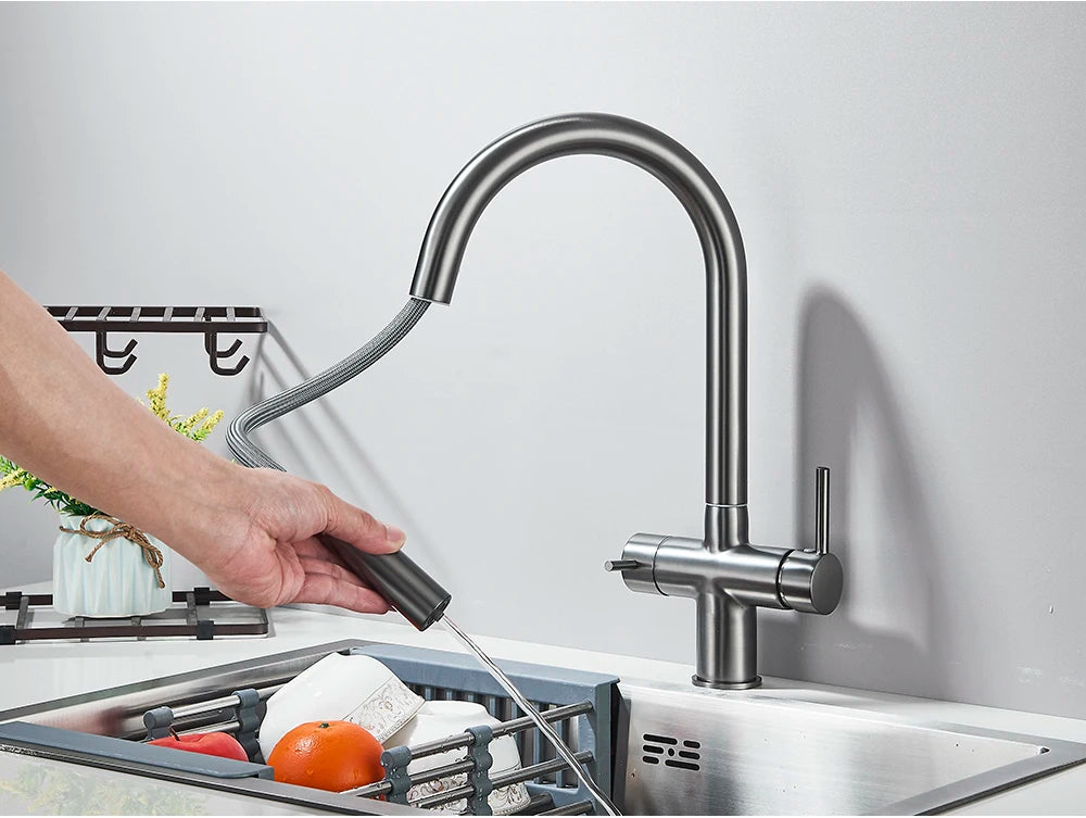Brushed Gold Water Filter Faucet Dual Spout Pure