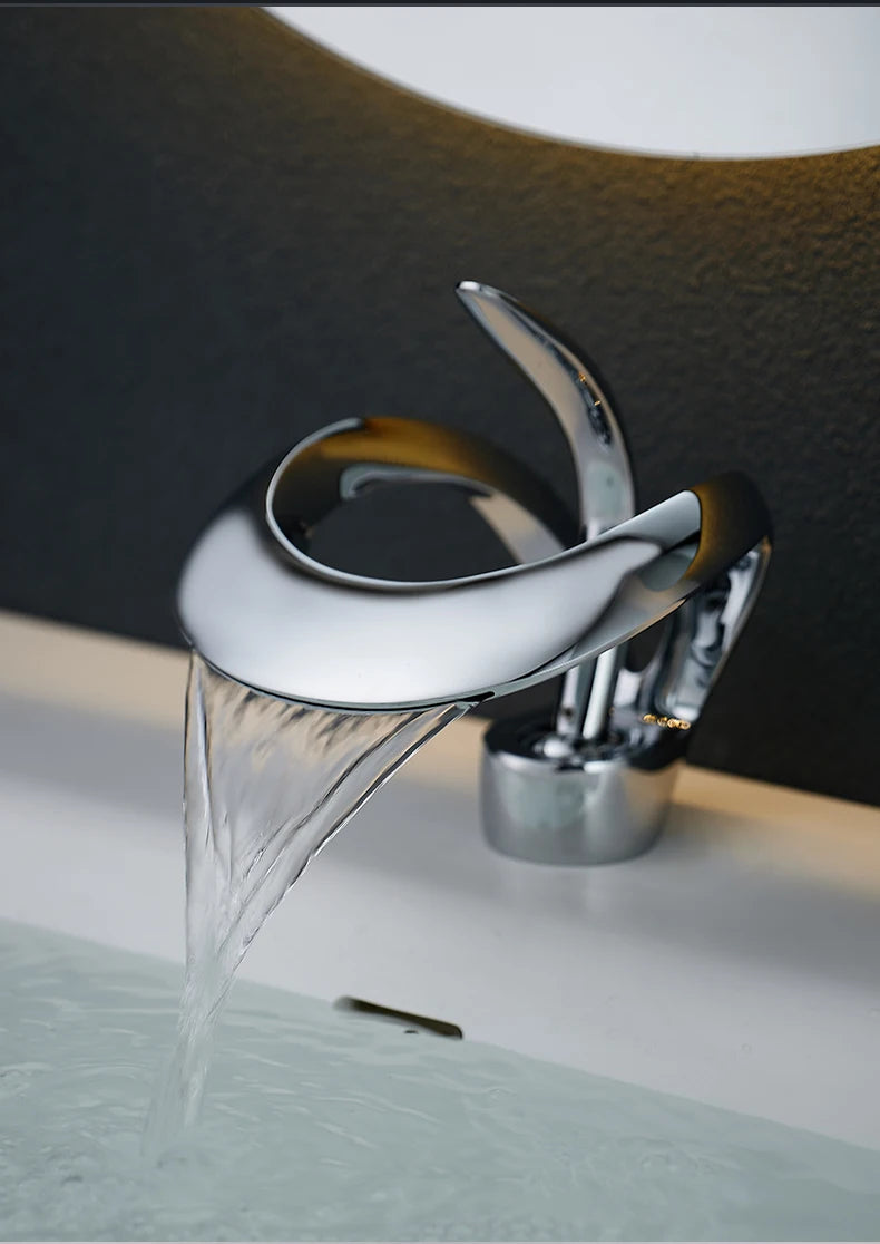 Black Bathroom Basin Taps Handle Waterfall Faucet Solid