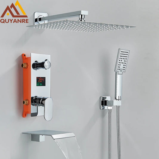 Chrome Bathroom Digital Display Shower Faucet Rainfall Shower