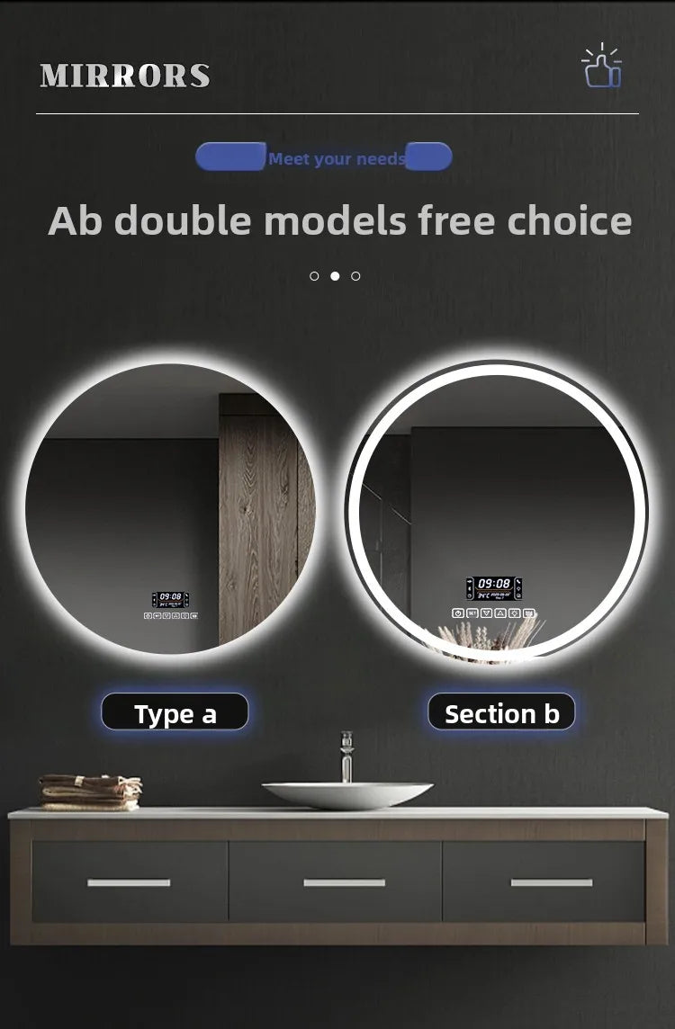 Round Smart Bathroom Mirror Wall-Mounted Led Light Touch