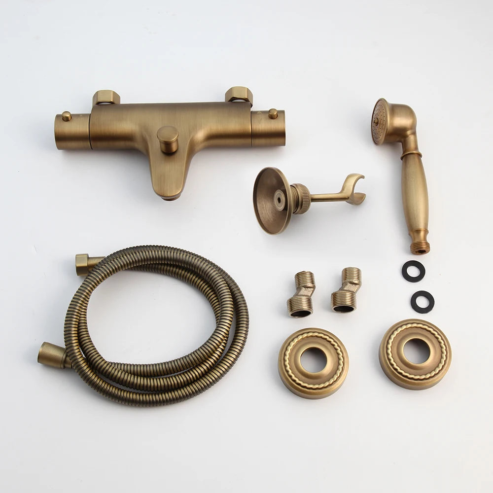 Zappo Antique Brass Bathroom Thermostatic Shower W/ Rainfall