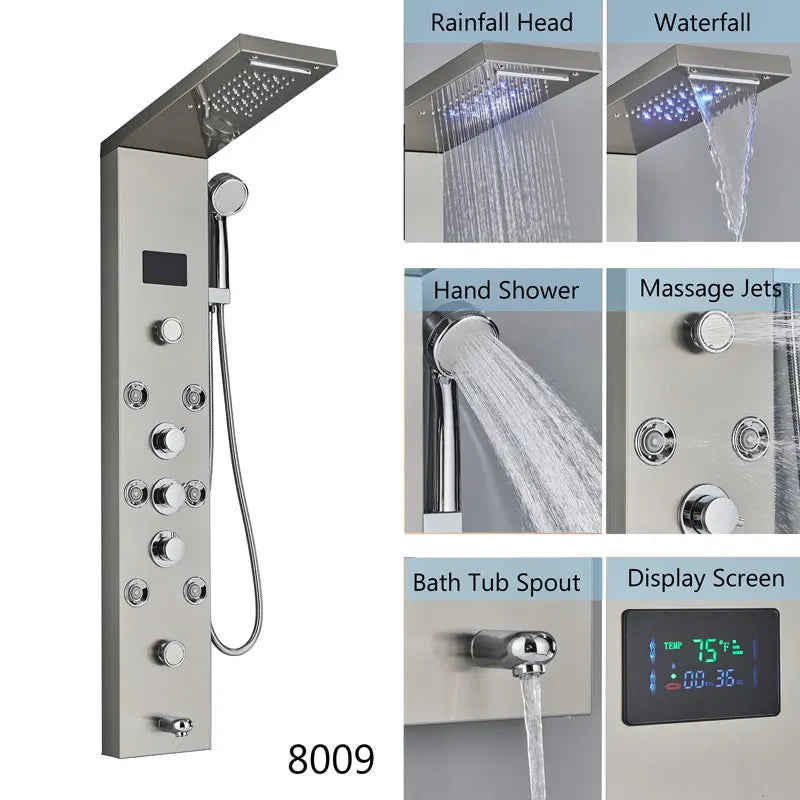 Led Shower Panel Waterfall Rain Temperature Digital Display