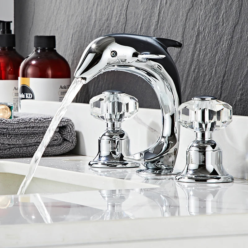 3pcs Golden Bathroom Basin Faucet Crystal Handle Widespread