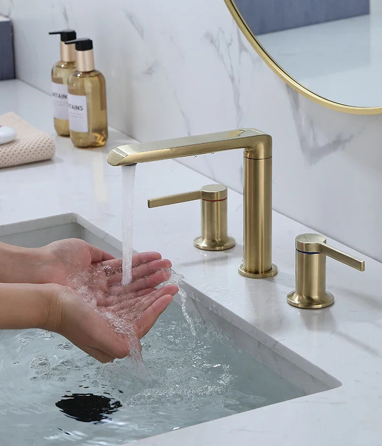 Brushed Gold Bathroom Widespread Basin Faucets Soild Brass