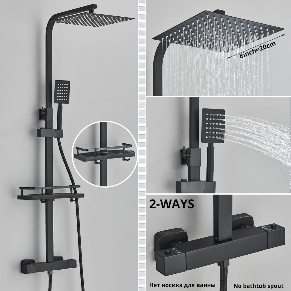 Bathroom Thermostatic Shower Faucet Rainfall Head Wall Mounted