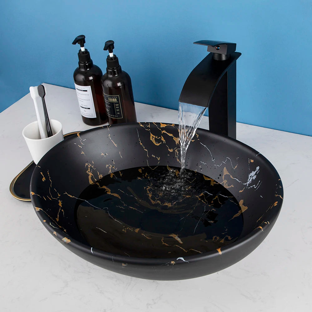 Kemaidi Oval Vessel Sink Faucet White Marbling Bathroom