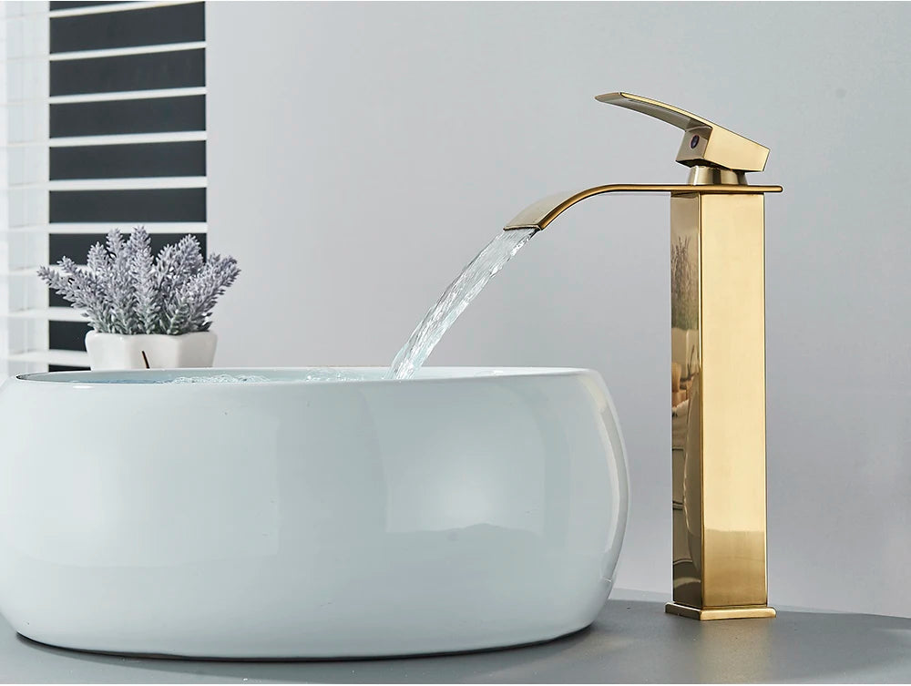Brushed Golden Basin Faucets Elegant Waterfall Bathroom Sink
