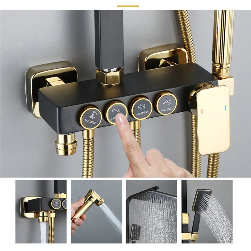 Kemaidi Black Gold Shower Faucet Bathtub 4-Way Mixer