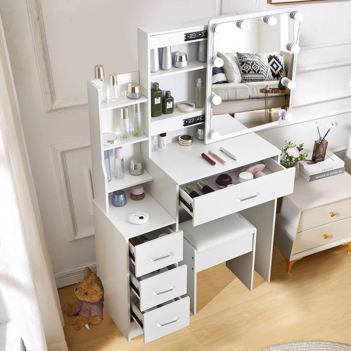 Led Vanity Table Sliding Mirror White Makeup Desk