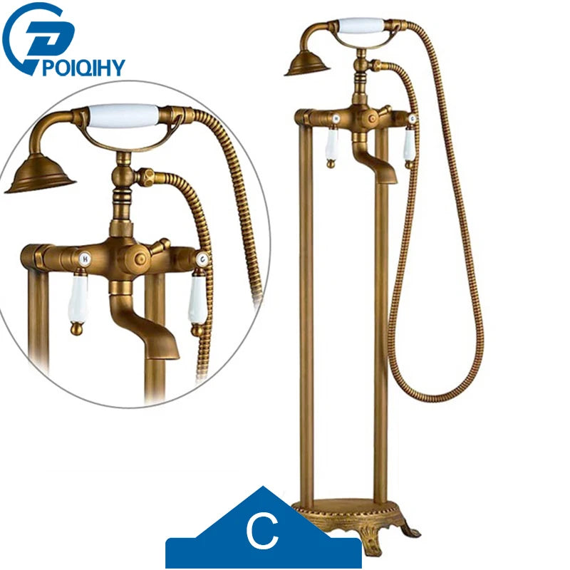 Antique Brass Floor Mounted Bathtub Shower Faucet Dual