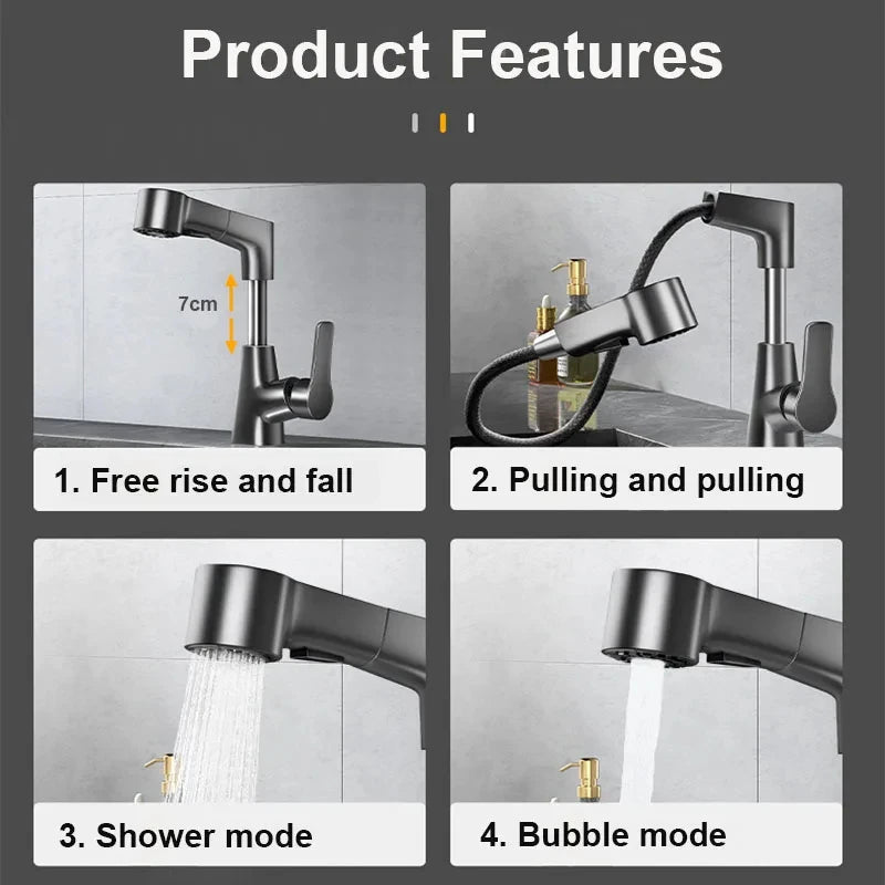 Brass Pull-Out Dual-Function Bathroom Sink Faucet Adjustable