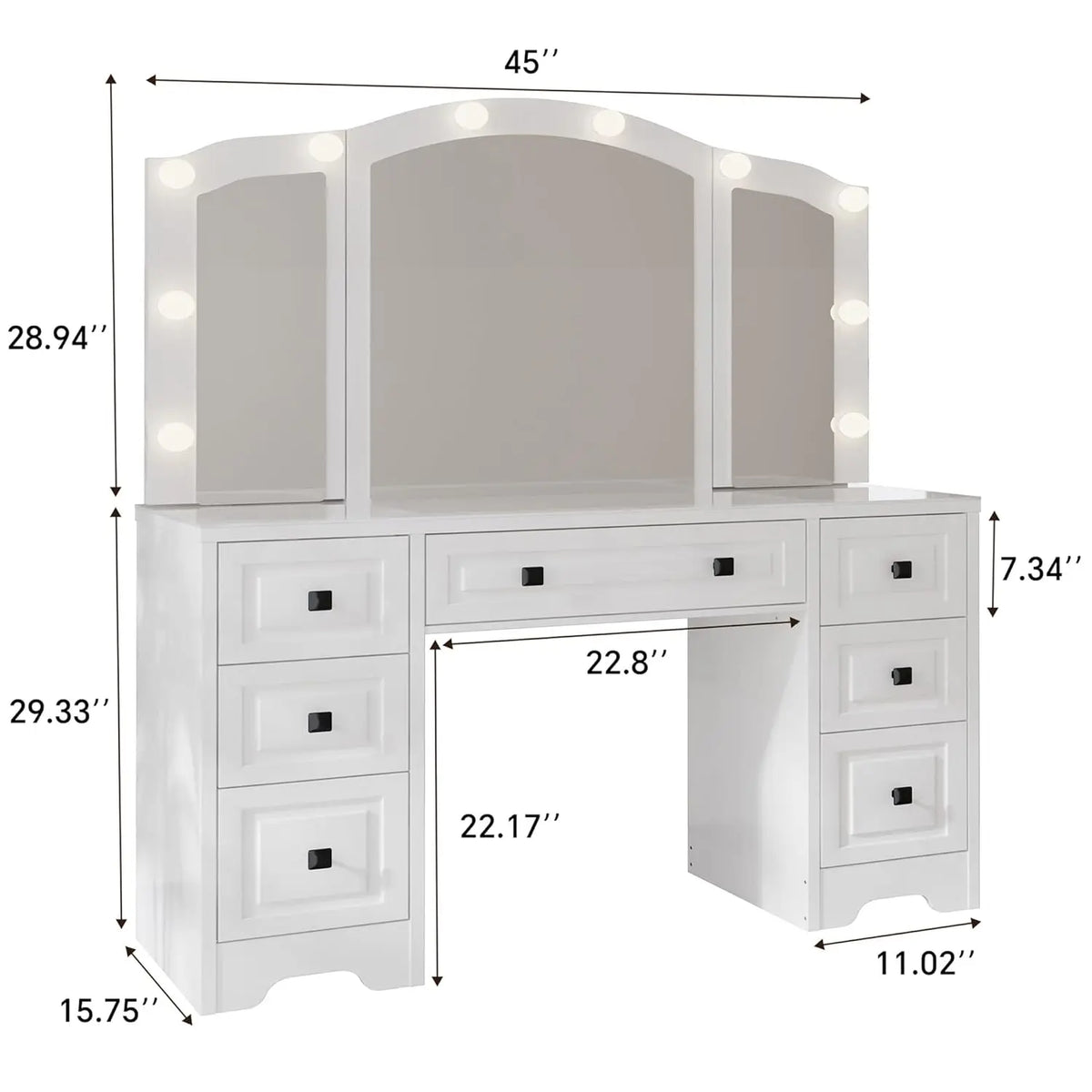 White Retro Lighted Vanity Desk Tri-Fold Mirror Drawers
