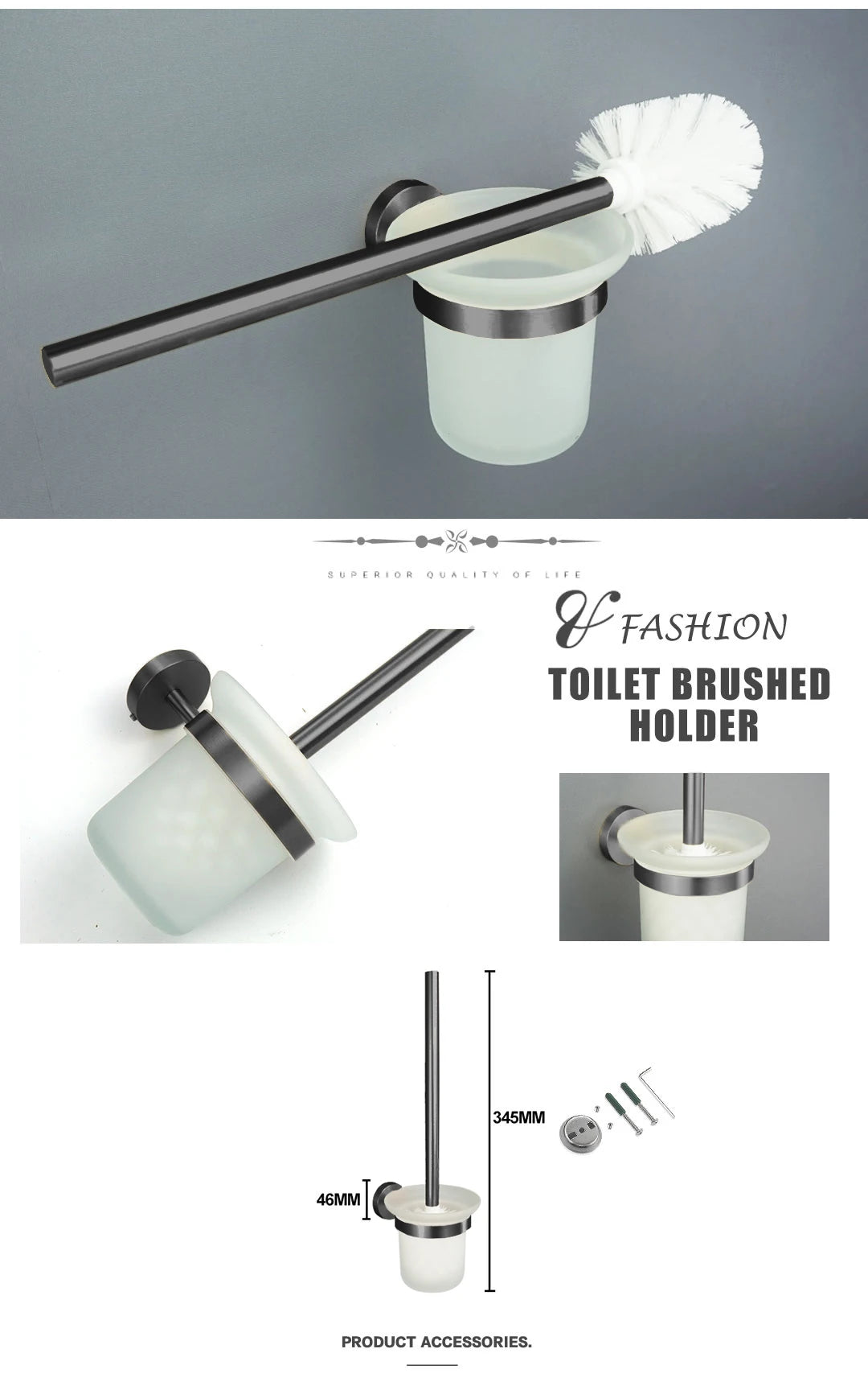 Grey Bathroom Hardware Kit Stainless Steel Round Wall