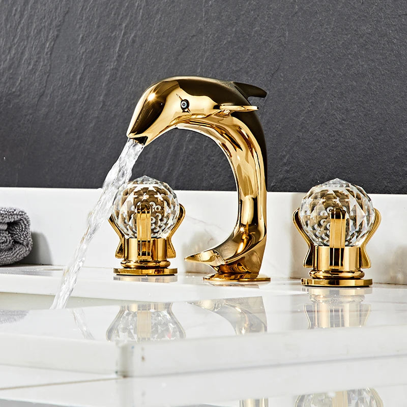 3pcs Golden Bathroom Basin Faucet Crystal Handle Widespread