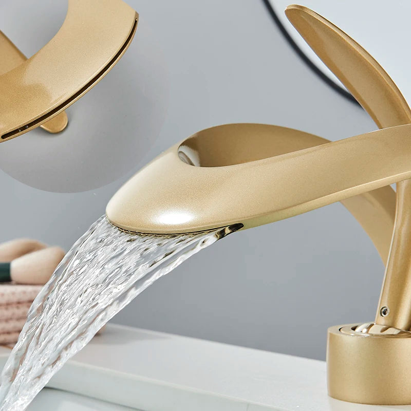 Black Bathroom Basin Taps Handle Waterfall Faucet Solid