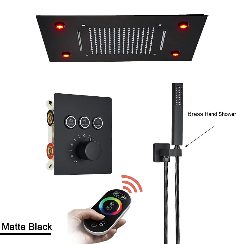 Shinesia Black Thermostat Rainfall Concealed Shower Led Hidden