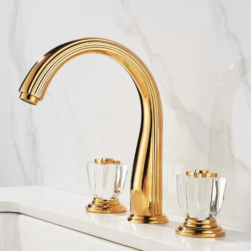 French Brass Bathroom Gold Three-Hole Basin Faucet Cold