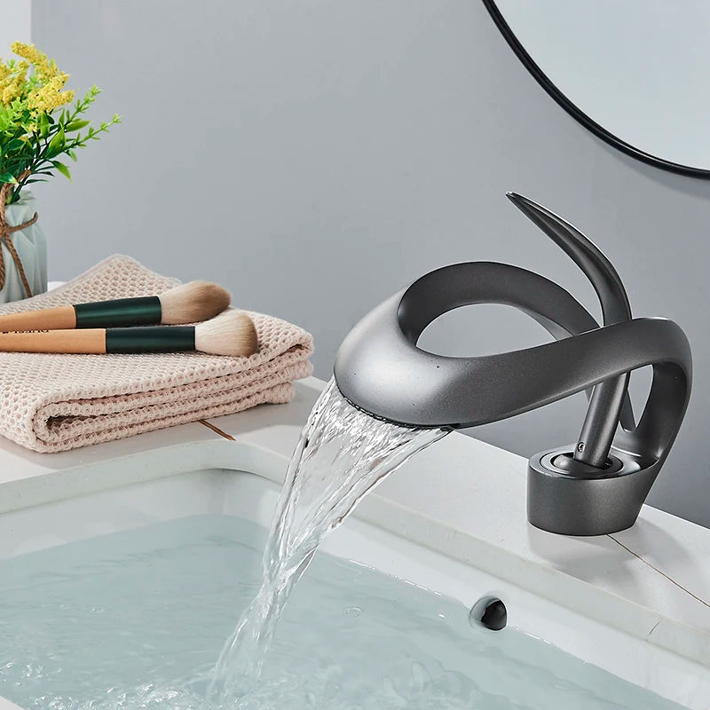 Black Bathroom Basin Taps Handle Waterfall Faucet Solid