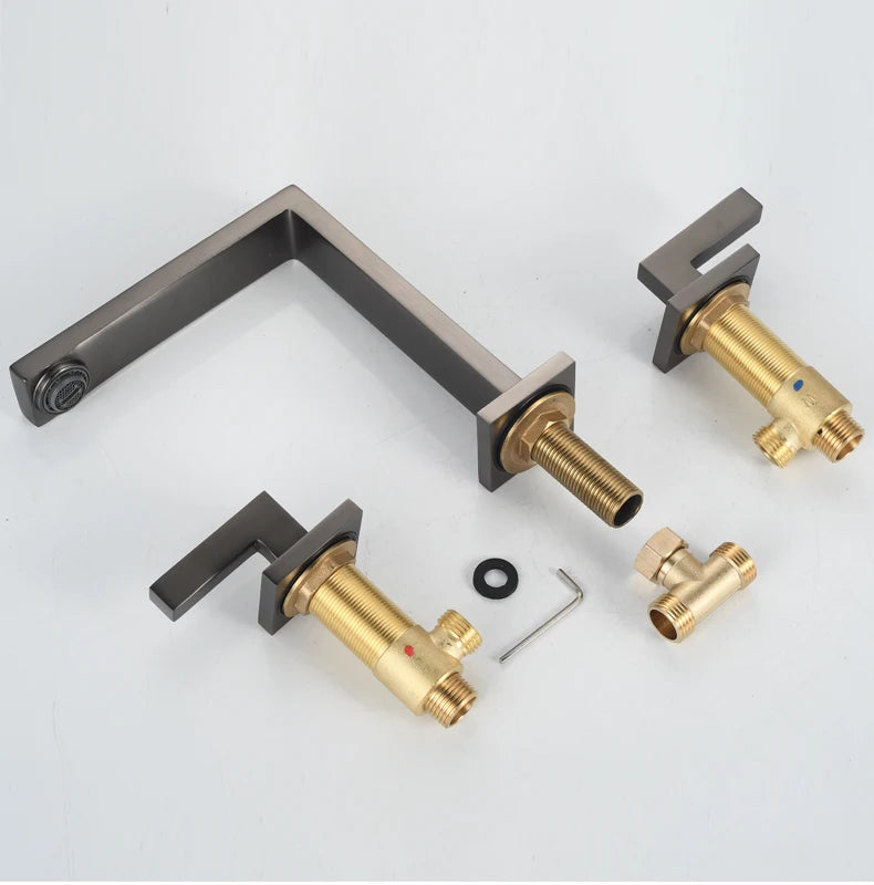 Brushed Gold Basin Faucet Solid Brass Three Hole