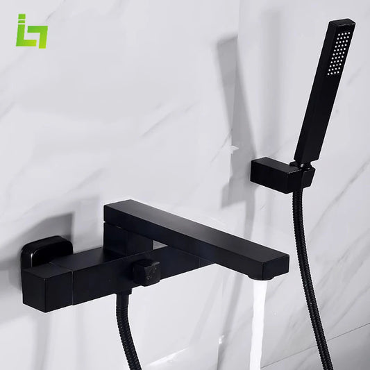 Black Bathtub Faucet Long Spout Wall Mounted Cold