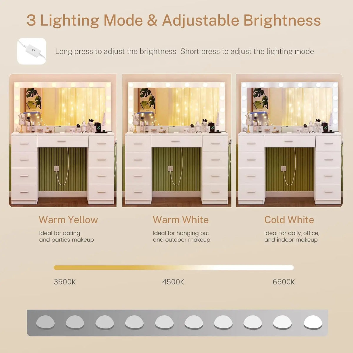 46 Vanity Desk Glass Top & Lights Mirror