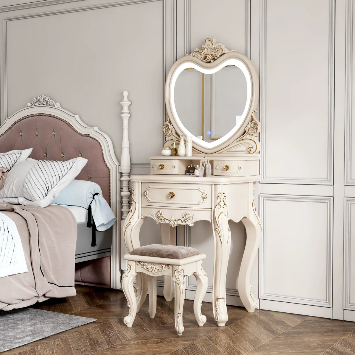 European Dressers Vanity Mirror White Makeup Desk Drawers