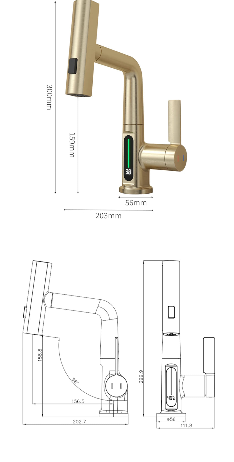 Brushed Gold Basin Faucet Lifting Pull Down Digital