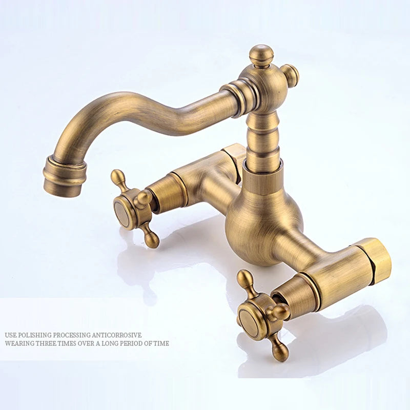 Antique Brass Wall Mounted Bathroom Sink Faucet 360
