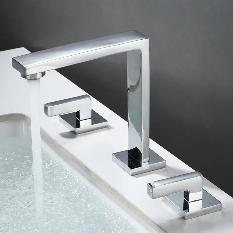 Brushed Gold Basin Faucet Solid Brass Three Hole