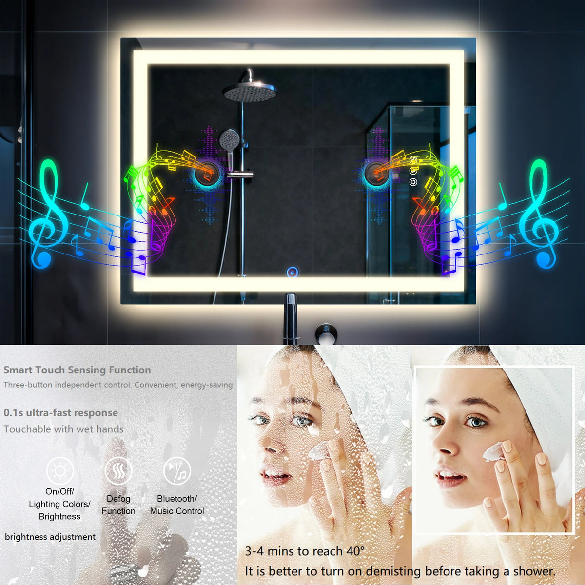 Led Bathroom Mirror Tempered Glass Mirror Bluetooth Colors