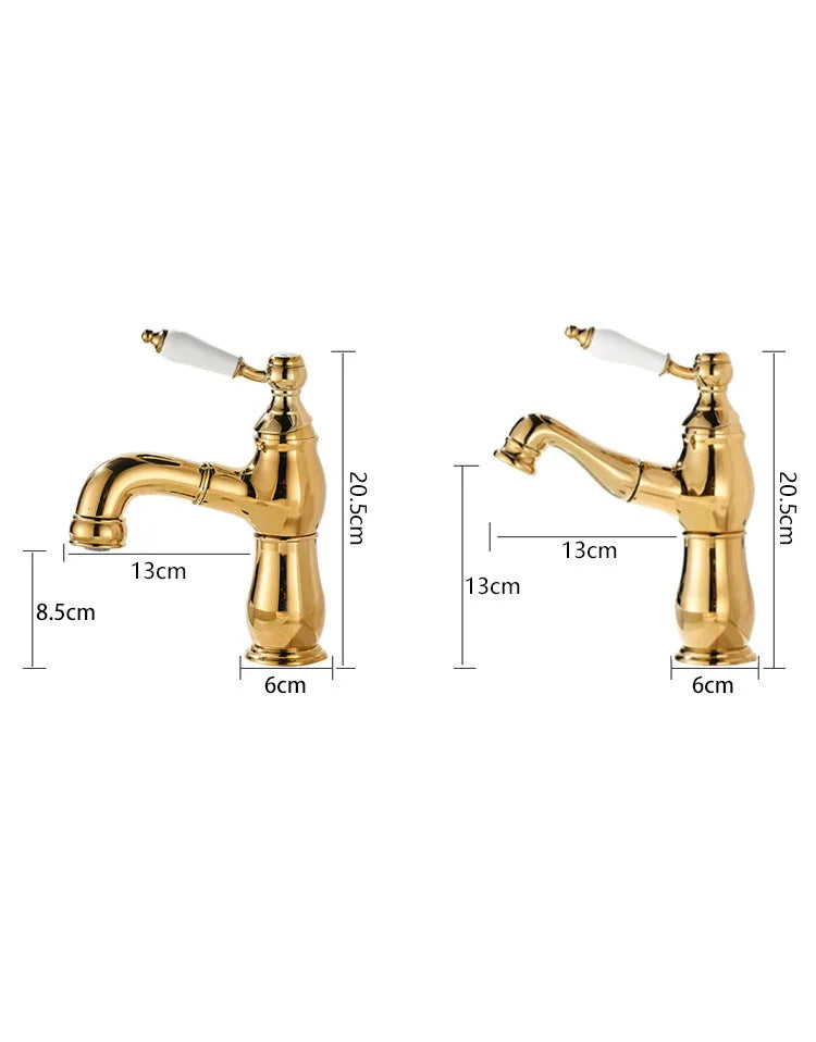Gold Bathroom Ceramic Handle Basin Faucets Pull Out