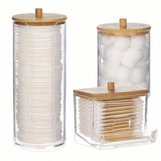 3pcs/Set Makeup Coton Storage Box Bamboo Lid Coton