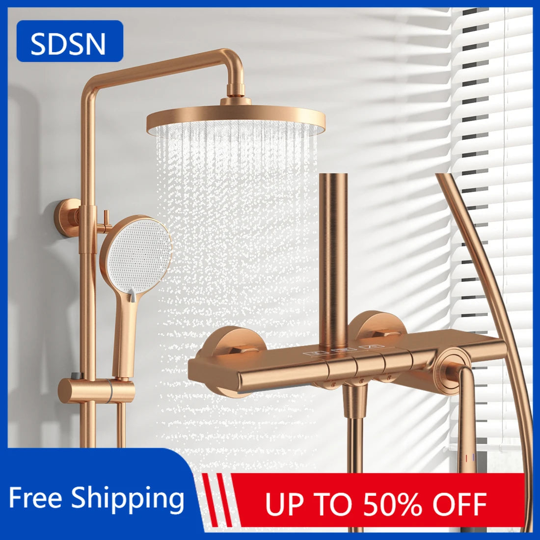 Brushed Rose Gold Bathroom Shower System Faucet 12