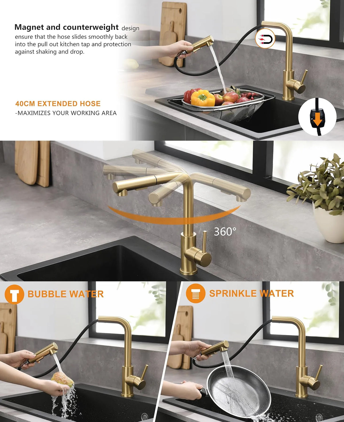 Brushed Gold Touch Sink Faucets Cold Pull Out