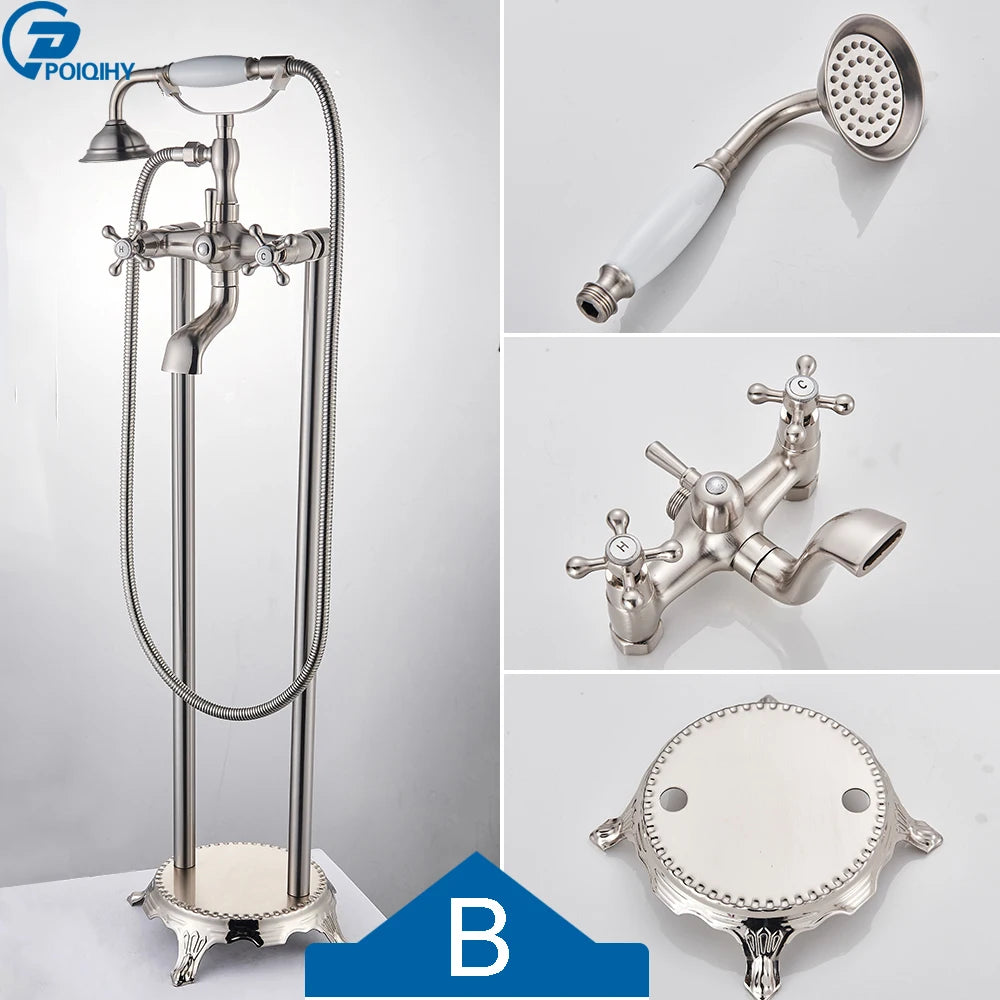 Antique Brass Floor Mounted Bathtub Shower Faucet Dual