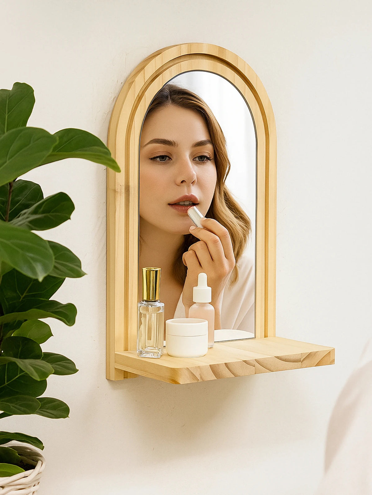 Arched Wall Mirror Shelf Natural Wood Hanging Mirror