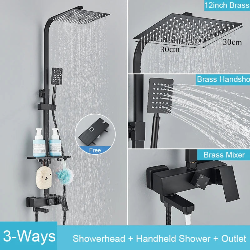 Black Brass Shower Faucet Rainfall Bathtub Tap Bathroom