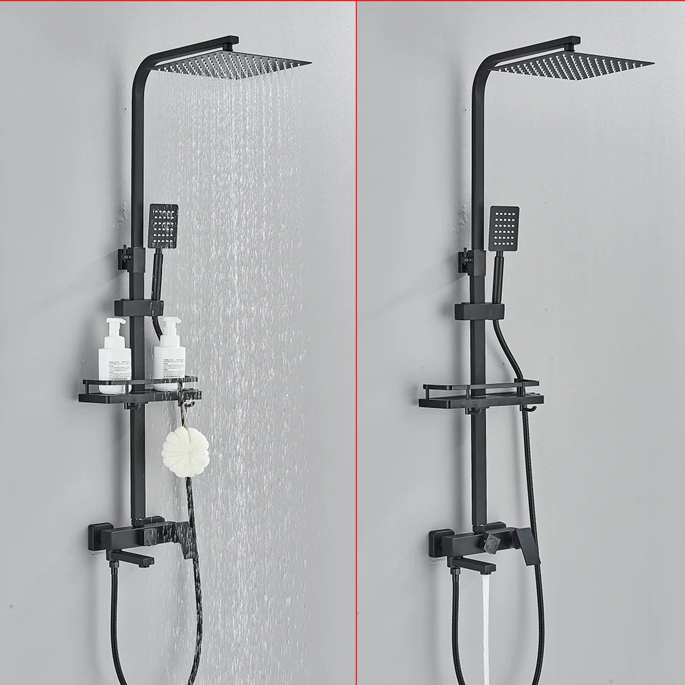Black Brass Shower Faucet Sets Rainfall Bathtub Tap