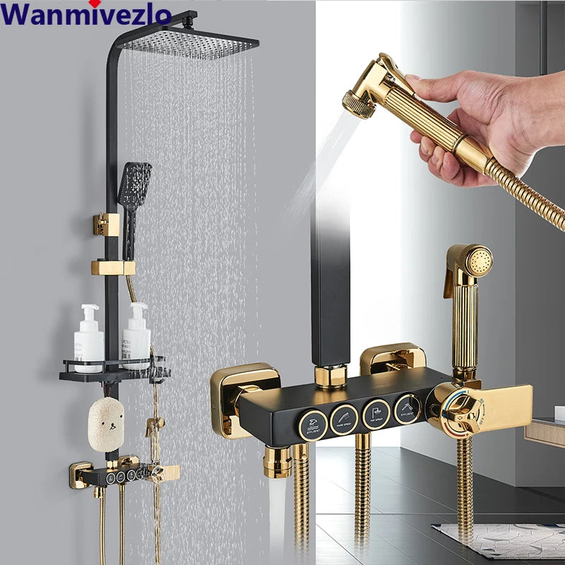 Black Gold Brass Rainfall Shower Faucet Stainless Steel