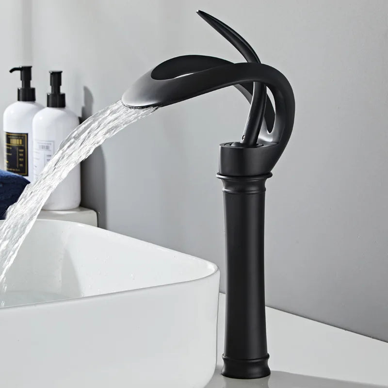 Black Bathroom Basin Taps Handle Waterfall Faucet Solid