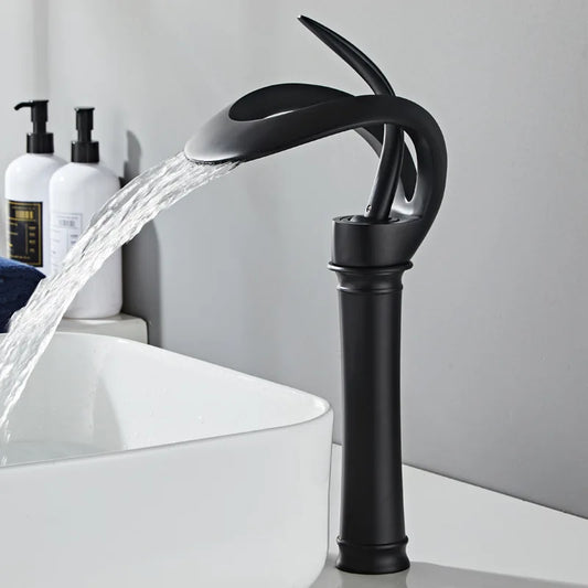 Black Bathroom Basin Taps Handle Waterfall Faucet Solid