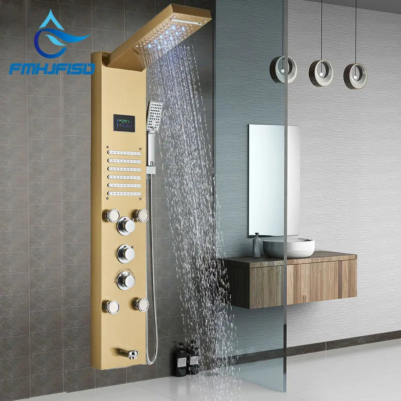 Led Shower Panel Waterfall Rain Temperature Digital Display