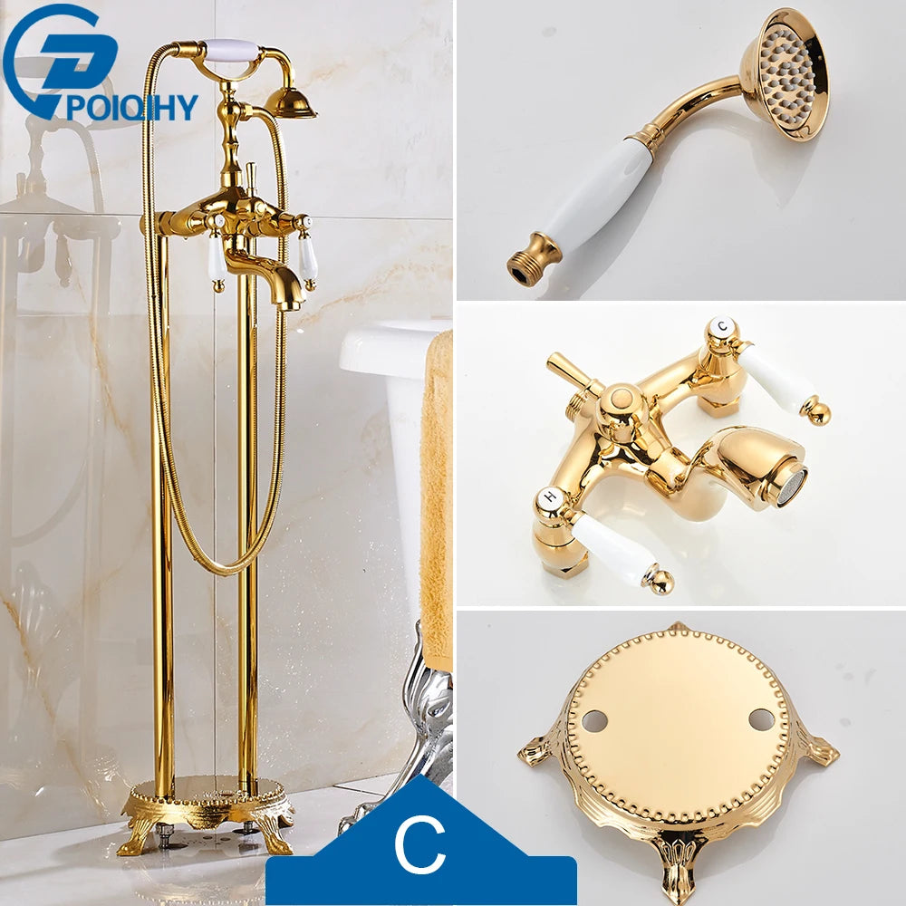 Antique Brass Floor Mounted Bathtub Shower Faucet Dual